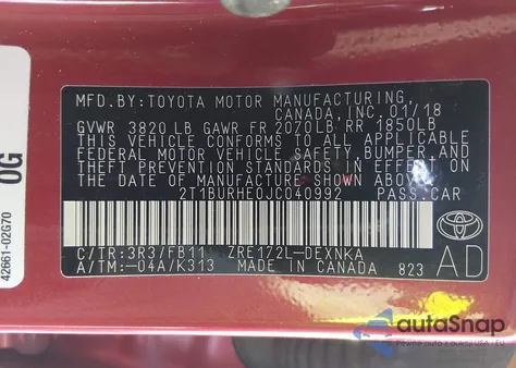 2018 Toyota Corolla Le from USA, damaged, VIN 2T1BURHE0JC040992